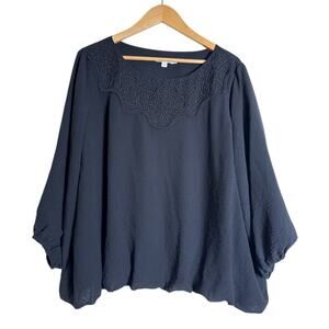 Chico's Women's Embroidered Relaxed Fit Pullover Top Boxy Office Size 18 Black